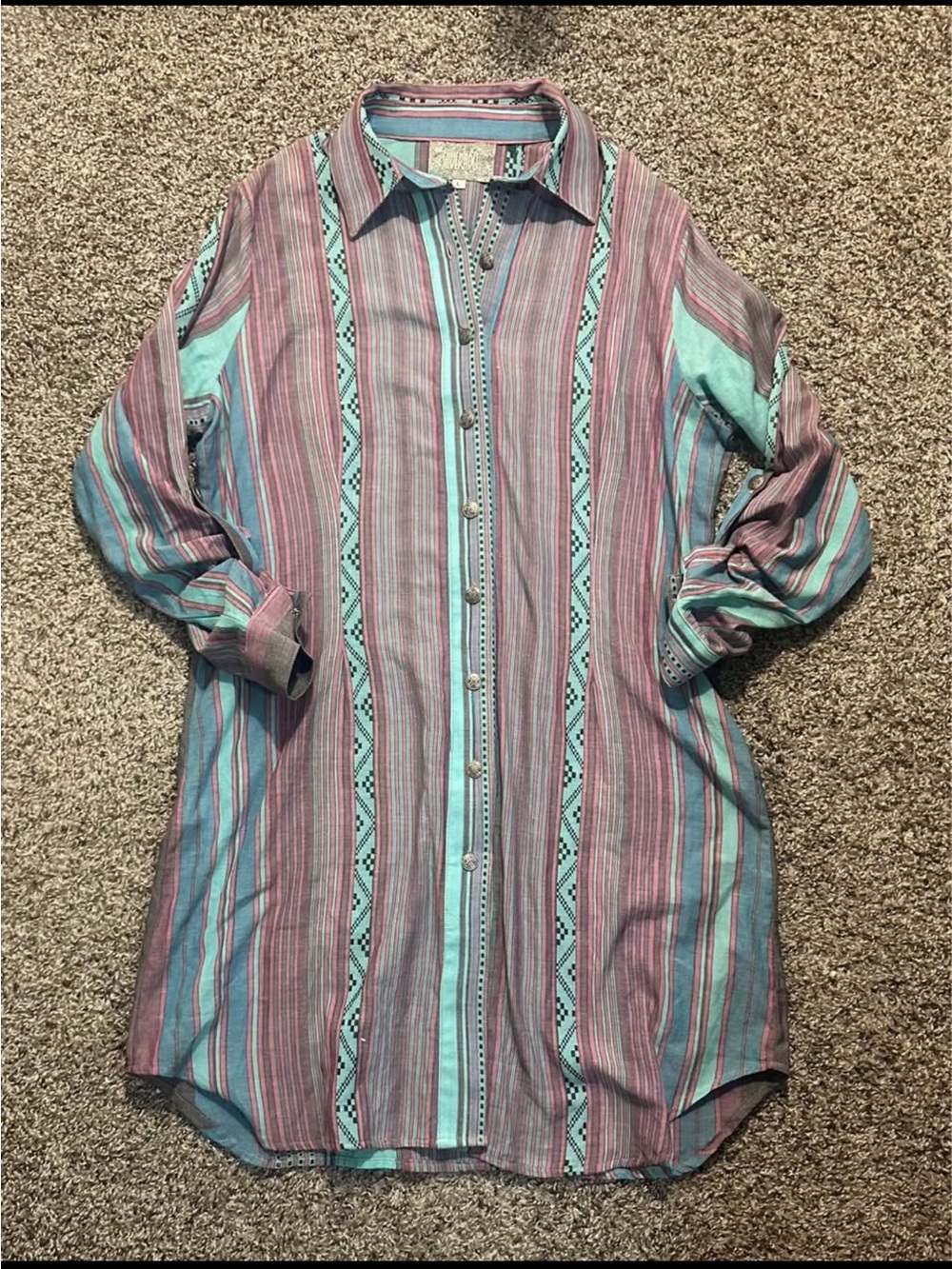 Striped Button-Up Longline Shirt in Teal & Mauve